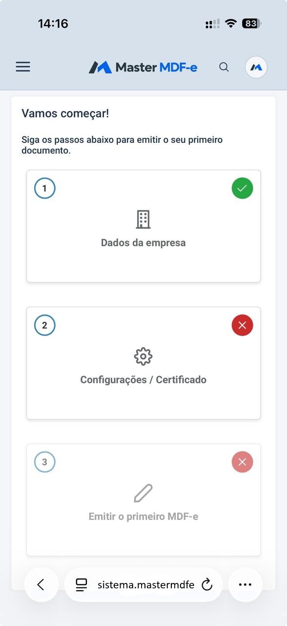 Master MDF-e no celular: dados da empresa concluídos e etapas de certificado e primeira emissão ainda pendentes